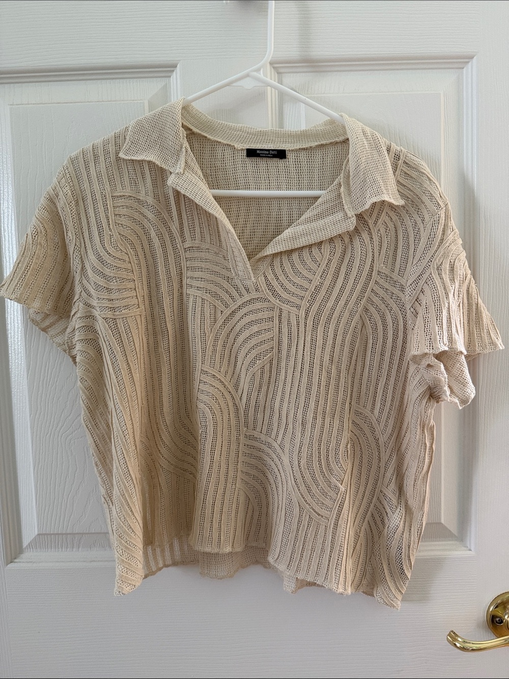 Massimo Dutti Light Cream Knit Collared Short-Sleeve Top